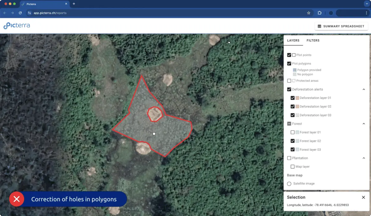 This image demonstrates the Picterra platform's advanced polygon editing tools, specifically focused on the correction of holes in polygons within a forestry monitoring project. The aerial view shows a red-outlined area of land-clearing or deforestation, where a smaller internal polygon identifies a "hole" or an area to be excluded from the primary measurement.