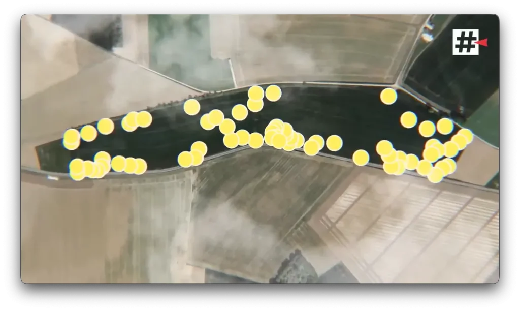 Aerial map with clustered detection markers along a narrow field, illustrating how contaminants often accumulate near roads and field edges.