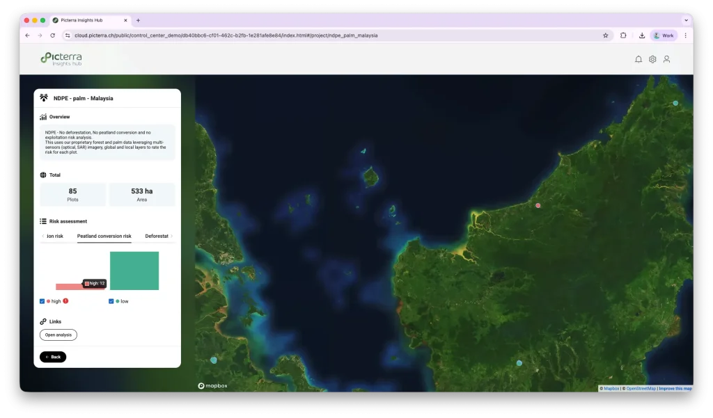 Picterra Insights Hub NDPE palm oil compliance map for Malaysia showing plantation plots and peatland conversion risk indicators