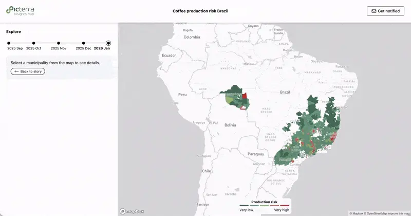 Brazil coffee production risk map 2026 showing regional variability across major growing areas