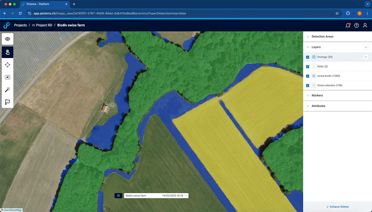 This image displays the Picterra platform being used for a biodiversity assessment on a Swiss farm. The aerial view features color-coded polygons that classify various land types: "fourrage" (fodder) in yellow, "zones arborées" (wooded areas) in green, and "zones biodiv" (biodiversity zones) highlighted in blue along field margins and water features. The right-hand sidebar shows a detailed "Layers" menu with object counts, such as 1,389 biodiversity zones and 190 wooded zones. This interface demonstrates how AI-powered geospatial mapping can precisely quantify ecological features, supporting sustainable agriculture and environmental monitoring.