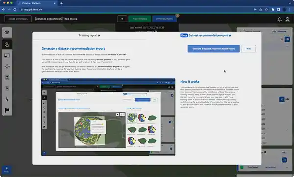 his image features the Picterra "Dataset Recommendation Report" interface, a beta tool designed to improve the performance of AI detectors like the "[dataset exploration] Tree Holes" model shown in the background. The modal window explains how the tool helps users understand data variability and patterns by generating automated recommendations for training. By analyzing imagery and existing annotations, the system identifies where the detector may need more representative data to improve its generalizability.