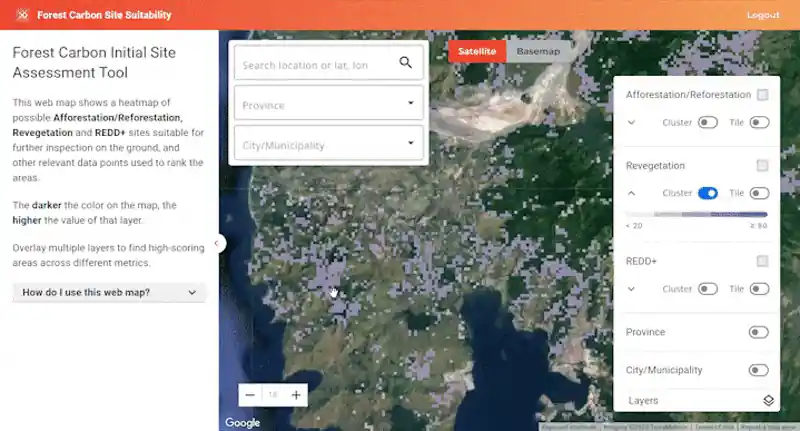 This image features the Forest Carbon Initial Site Assessment Tool, a web-based map designed for identifying land suitable for conservation and carbon sequestration projects. The interface displays a heatmap over a coastal and forested region, highlighting areas for Afforestation/Reforestation, Revegetation, and REDD+ initiatives. The tool includes a filter panel on the right that allows users to toggle between "Cluster" and "Tile" views and adjust value thresholds. By overlaying multiple data layers, the platform helps environmental analysts and foresters locate high-scoring sites for carbon credit projects and sustainable land management.