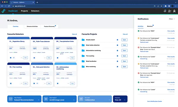 This image displays the Picterra user dashboard, providing a centralized overview of a user's geospatial AI operations.